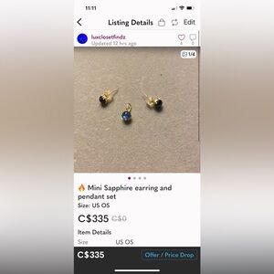 Gold and Blue Sapphire Earring and Pendant Set - Listing for nanachia